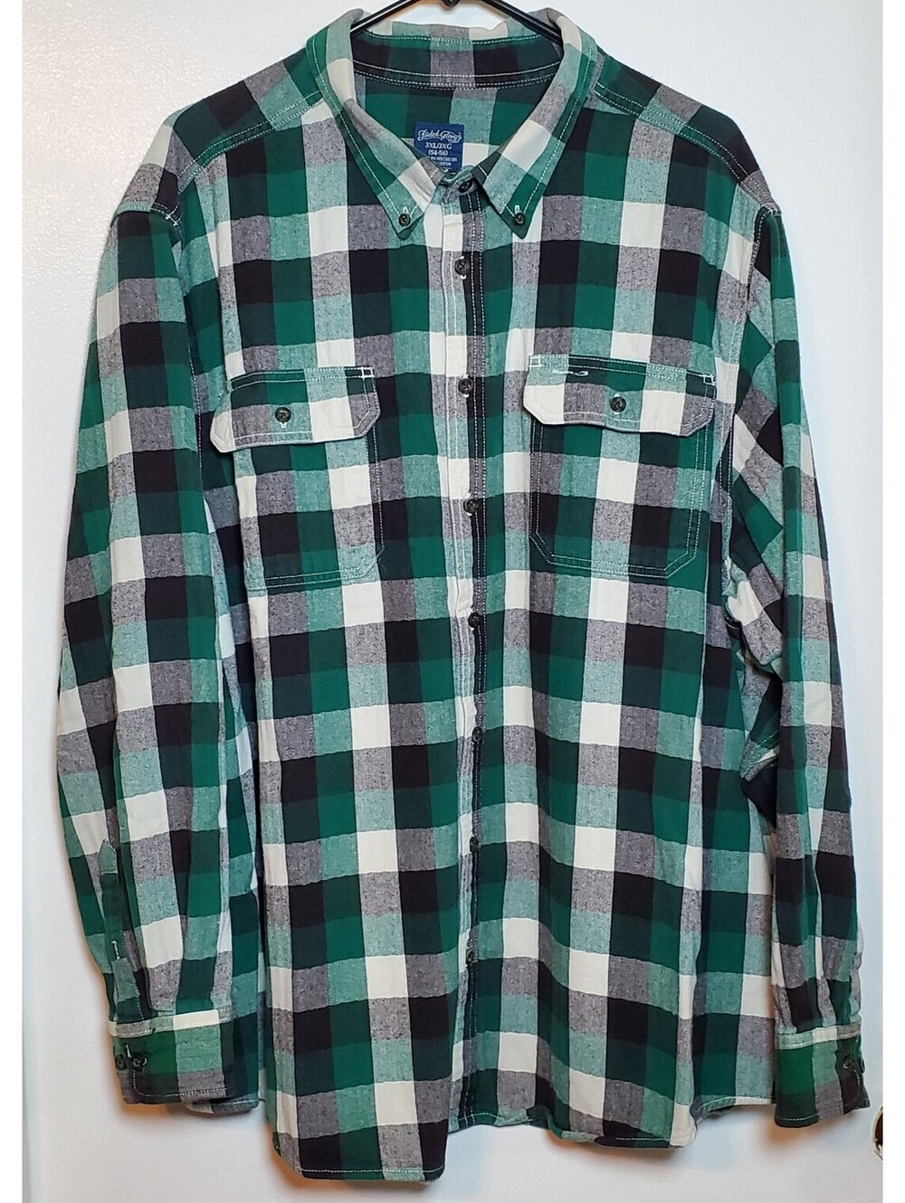 Faded Glory Men’s 3XL Green Black White Plaid Flannel Shirt 100% Cotton